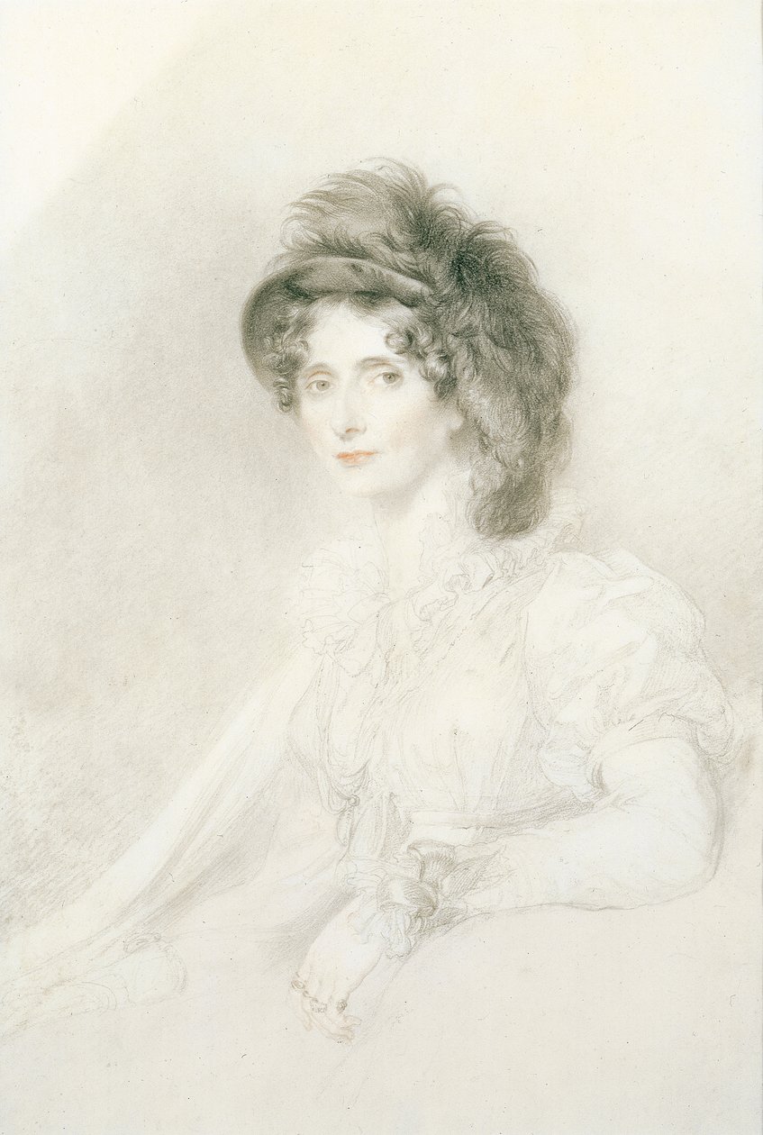 Porträtt av Elizabeth, hertiginna av Devonshire (1758-1824), sittande, halvlångt, iklädd en stor fjäderhatt (penna, svart & röd krita på papper) av Thomas Lawrence