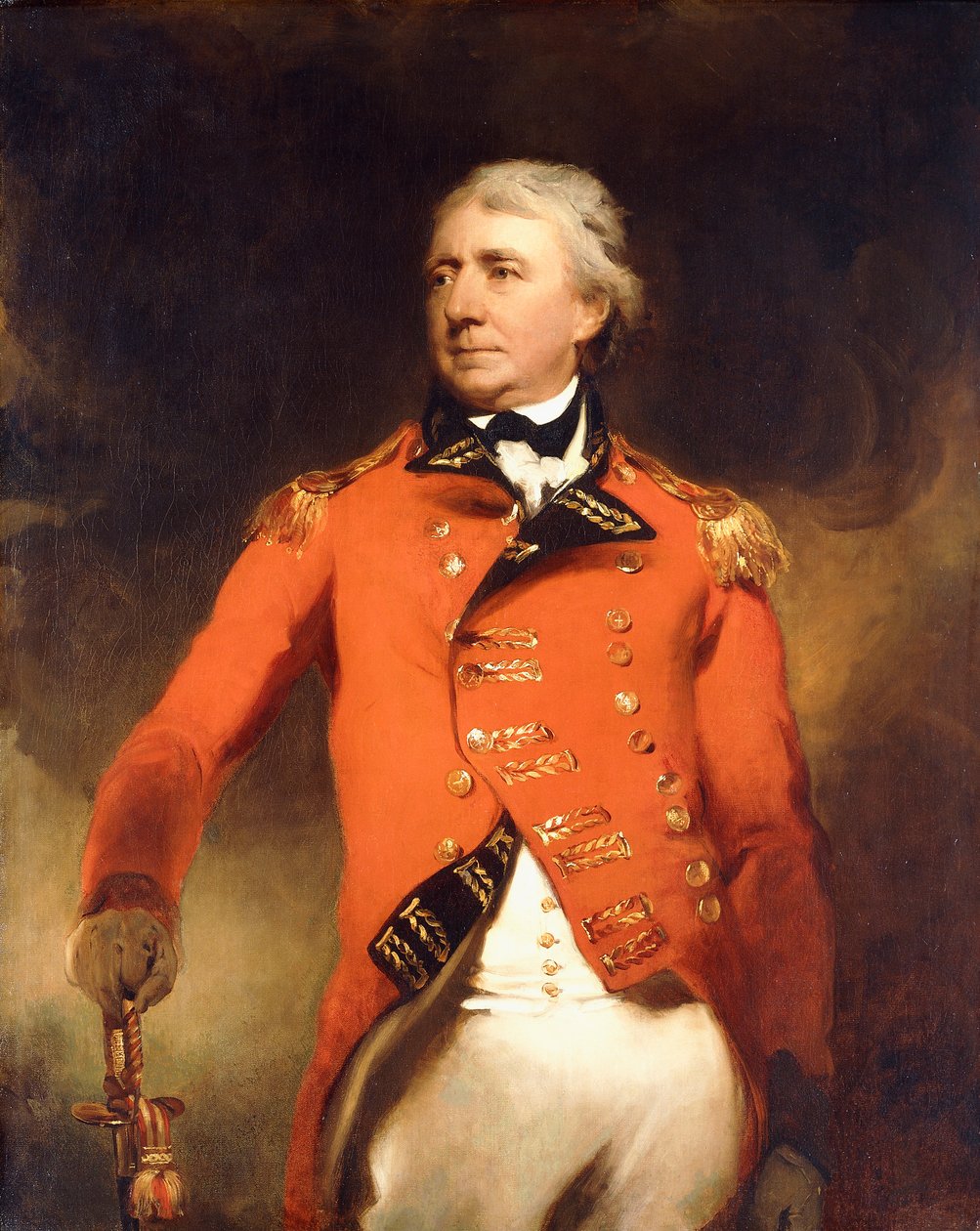 Porträtt av general James Stuart stående tre fjärdedels längd, iklädd en röd uniform med guldgroda, av Thomas Lawrence