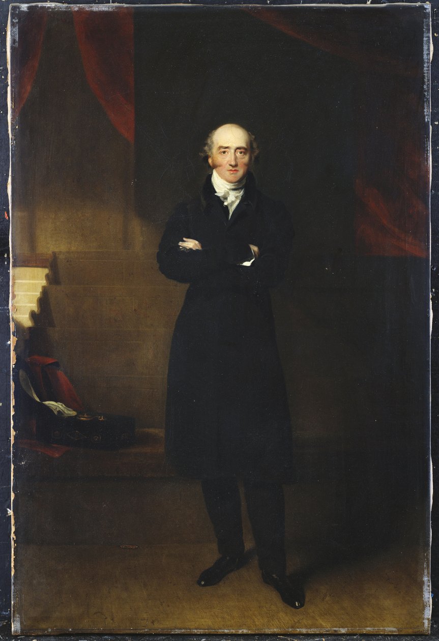 Porträtt av George Canning, full längd, stående iklädd en svart kappa i en interiör, med armarna korsade av Thomas Lawrence