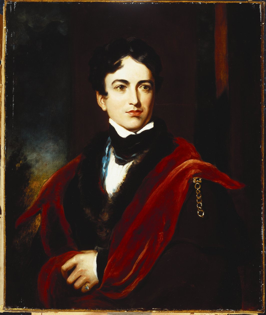 Porträtt av John George Lambton, Ist Earl Of Durham, GCB, MP, i en mörk kappa, med en udde och en vit stock av Thomas Lawrence