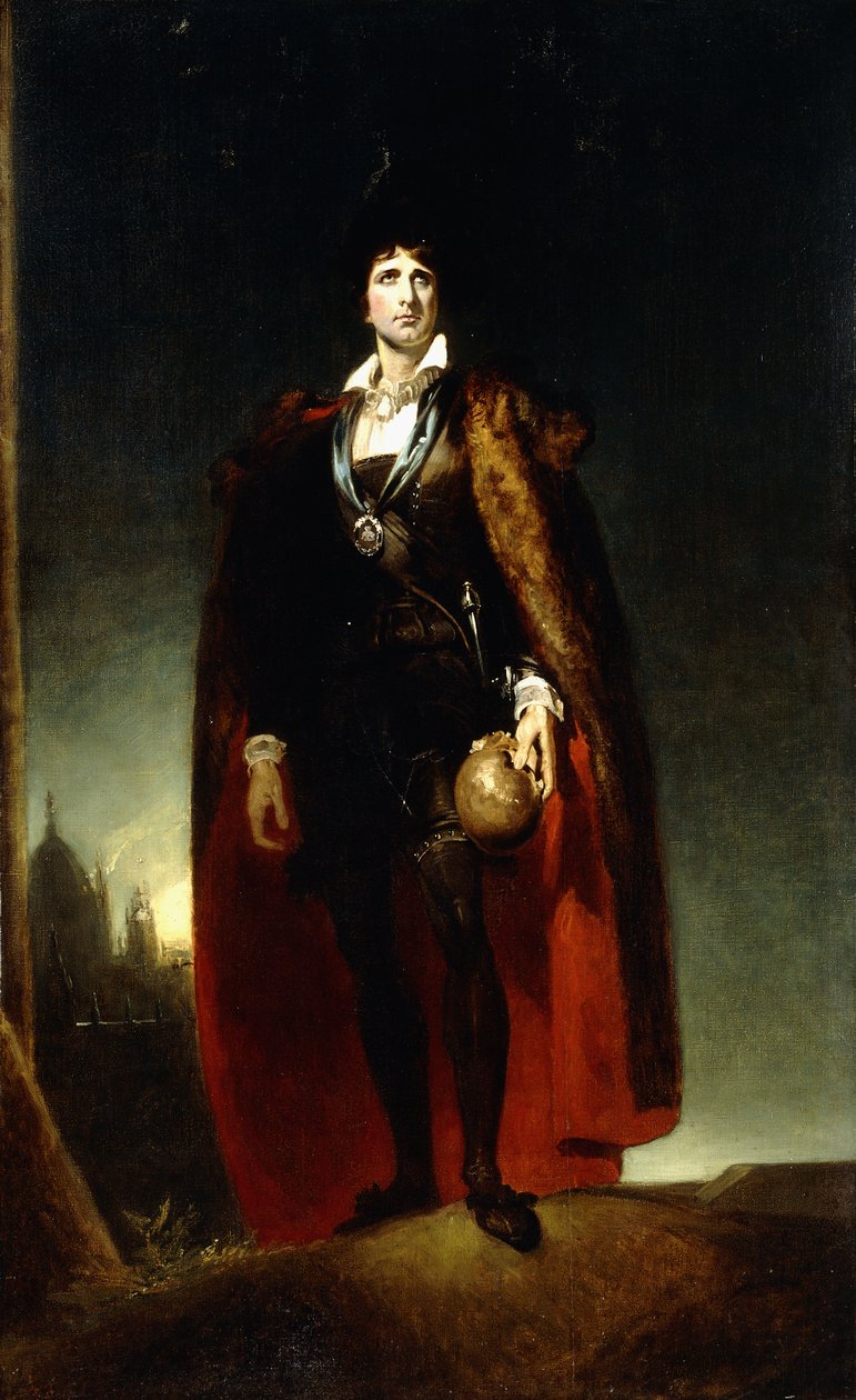 Porträtt av John Kemble som Hamlet, stående i full längd i ett landskap, iklädd en cape och med en skalle, av Thomas Lawrence