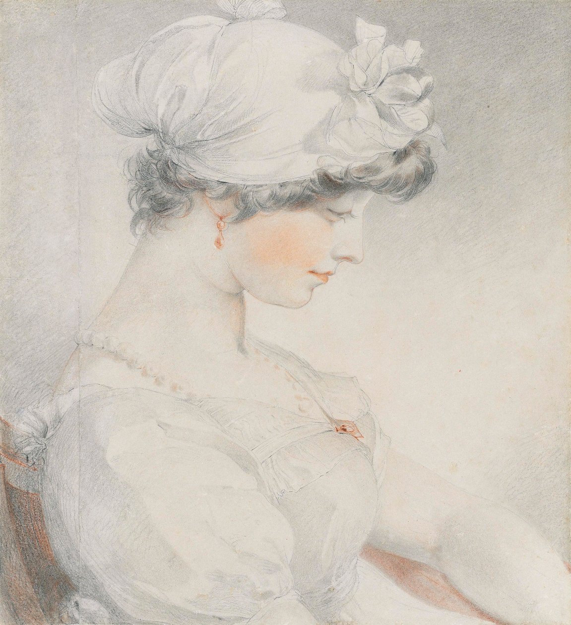 Porträtt av Julia Angerstein, halvlångt, i profil till höger (penna, svart & röd krita, med stump) av Thomas Lawrence