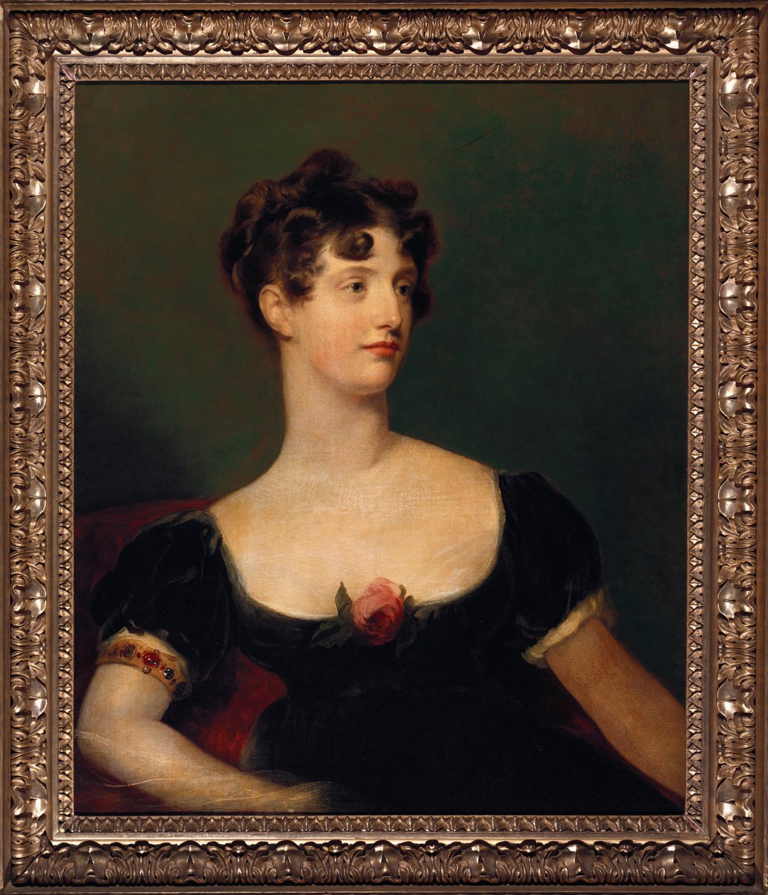 Porträtt av Lady Beresford, sittande, halvlångt i en svart klänning dekorerad med en ros av Thomas Lawrence