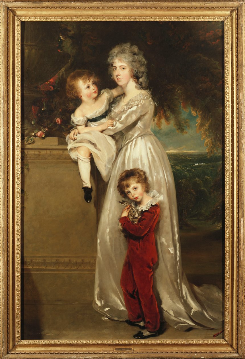 Porträtt av fru Annesley stående i full längd, i en vit klänning med sina två barn av Thomas Lawrence