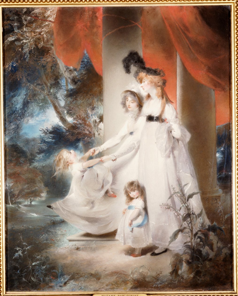 Porträtt av fru Ayscoghe Boucherett med sina två äldsta barn, Emilia och Ayscoghe, och hennes halvsyster Juliana Angerstein, senare Madame Sabloukoff, i en trädgård av Thomas Lawrence
