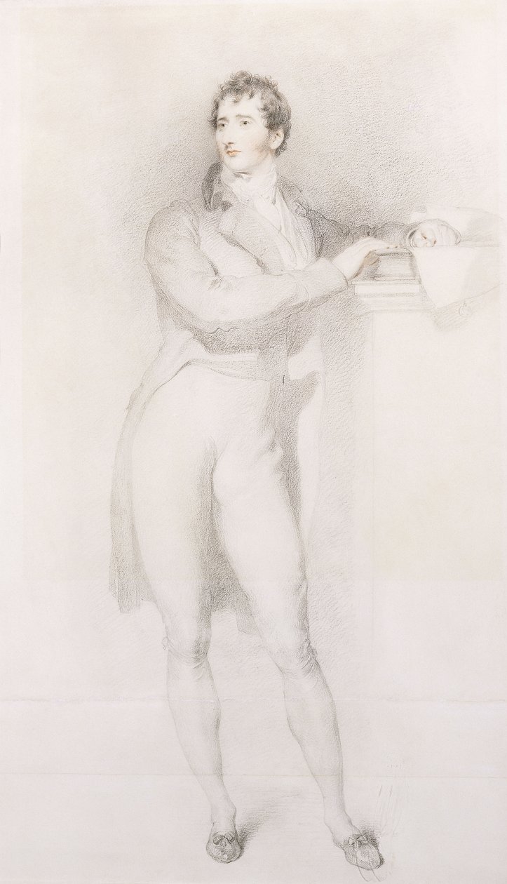 Porträtt av Sir Francis Burdett, Bart, liten i full längd, stående vid en kaminhylla, ca 1796 av Thomas Lawrence