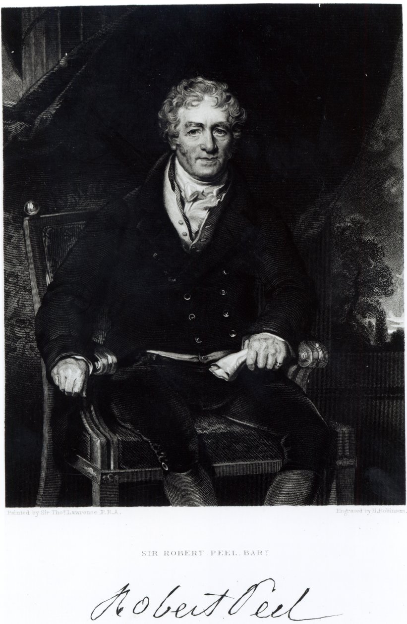 Porträtt av Sir Robert Peel (1788-1850), graverad av H, Robinson (gravyr) (bw foto) av Thomas Lawrence