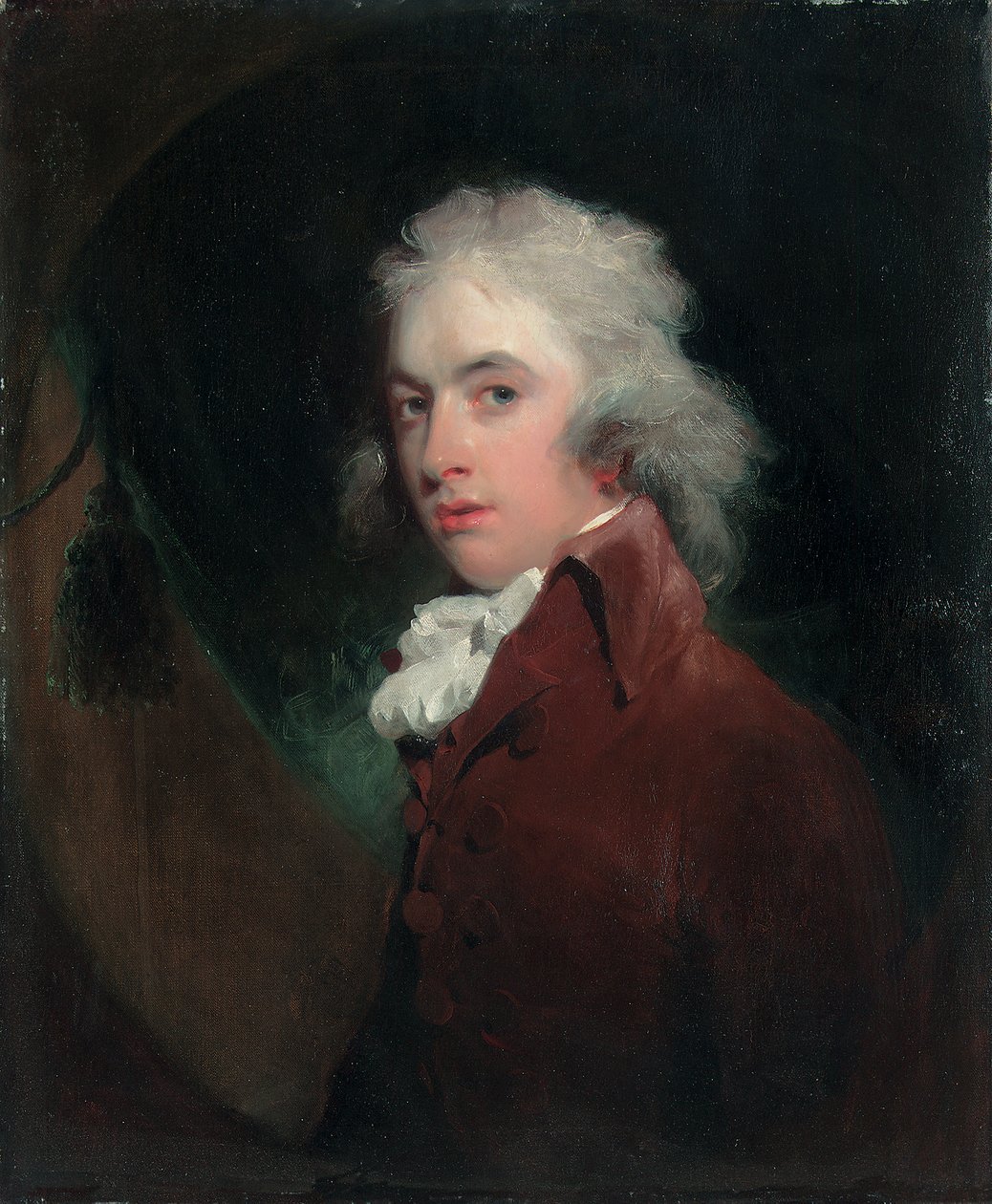 Porträtt av Hon. Peniston lamm, halvlång, i sammetsrock med vit halsduk, låtsad oval av Thomas Lawrence