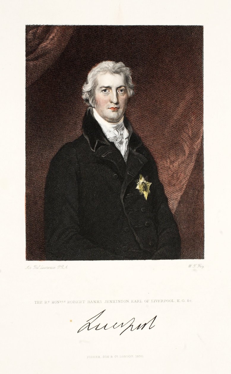 The Right Honourable Robert Banks Jenkinson, Earl of Liverpool, K.G. und C., pub. 1830 (handkolorerat gravyr) av Thomas Lawrence