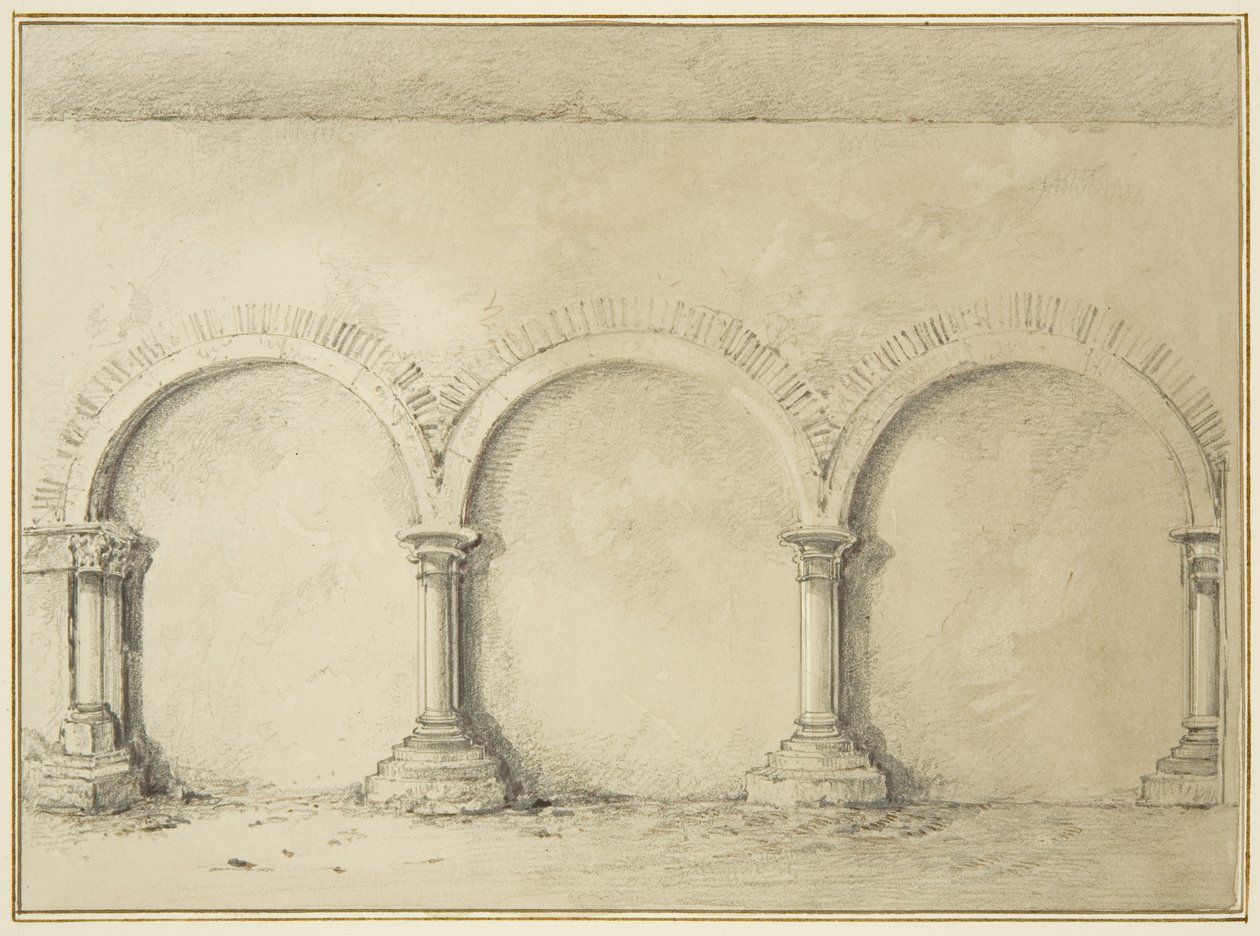 Valv och kolumner i Mereweathers lokaler mellan Nicholas Street och Corn Street (penna och akvarell på papper) av Thomas Leeson the Elder Rowbotham