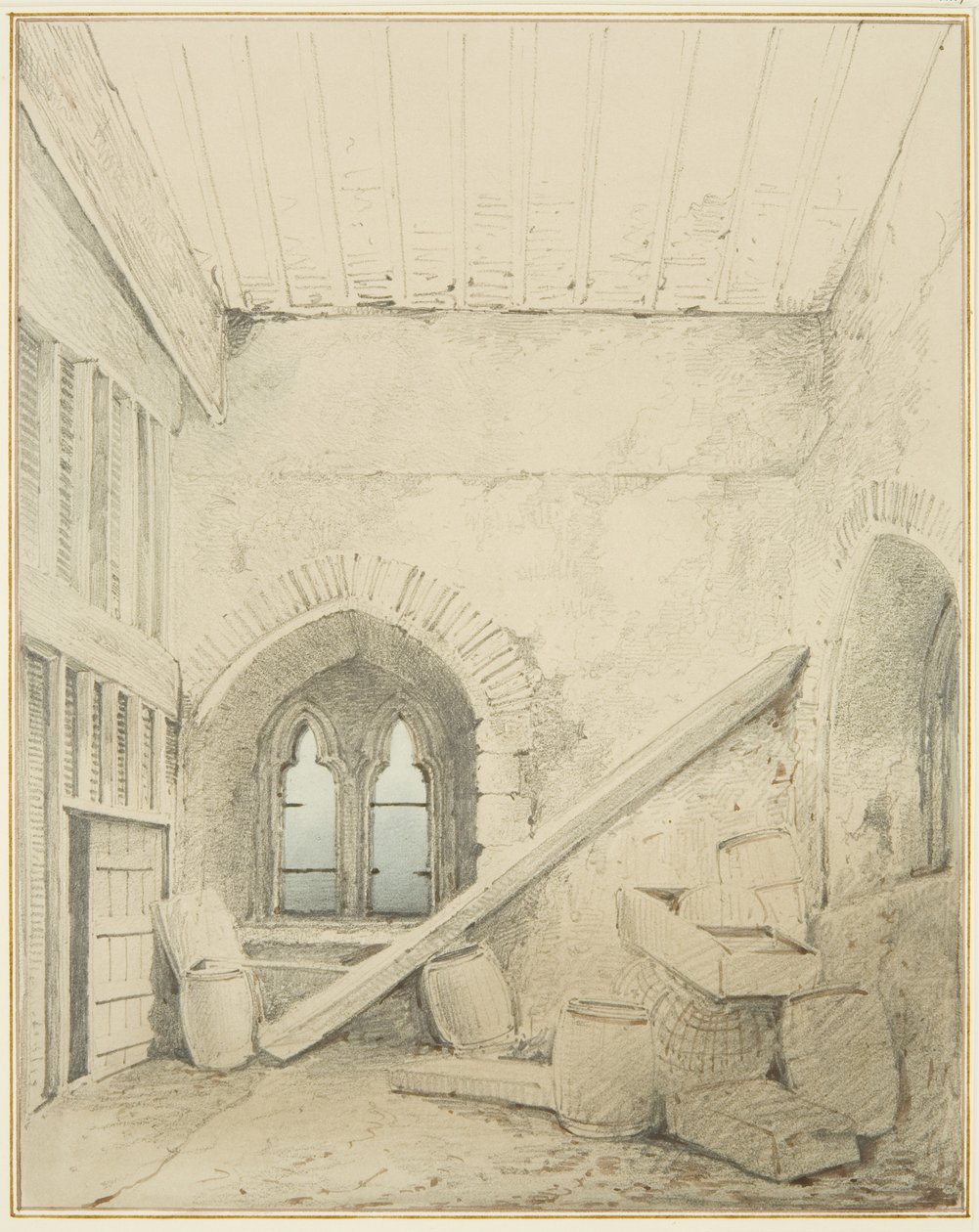 Valv, pelare och fönster i Mereweathers lokaler mellan Nicholas Street och Corn Street (penna och akvarell på papper) av Thomas Leeson the Elder Rowbotham