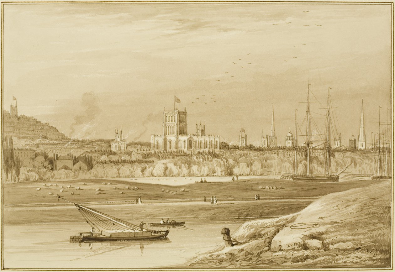 Bristol från Coronation Road med Cumberland Road, New Cut och utsikt över kyrkorna i Bristol av Thomas Leeson the Elder Rowbotham