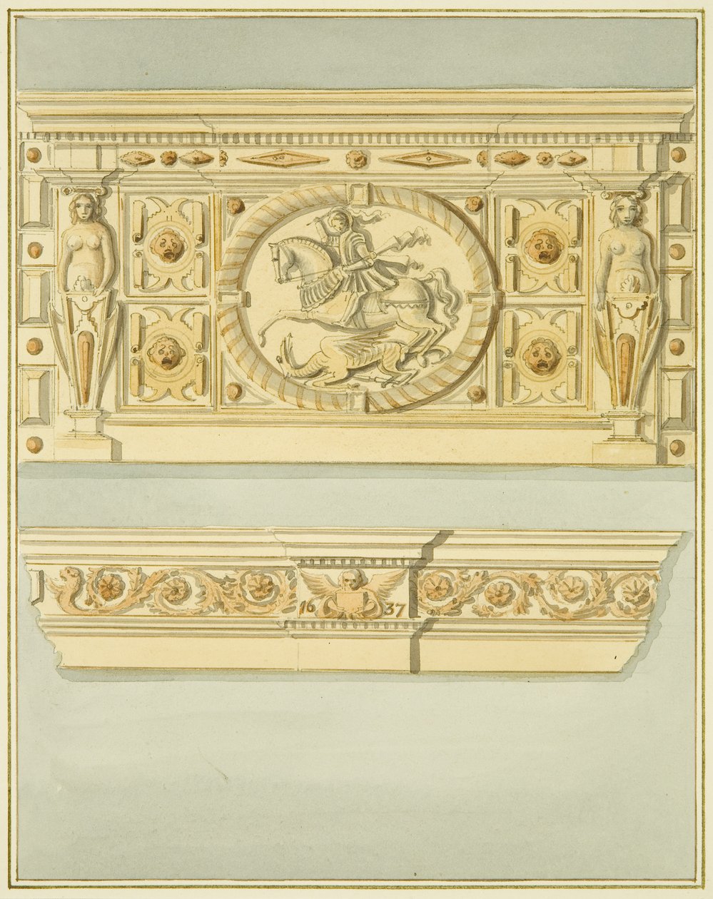 Skorstensstycke på 6 Redcliffe Street, daterad 1637 (akvarell på papper) av Thomas Leeson the Elder Rowbotham