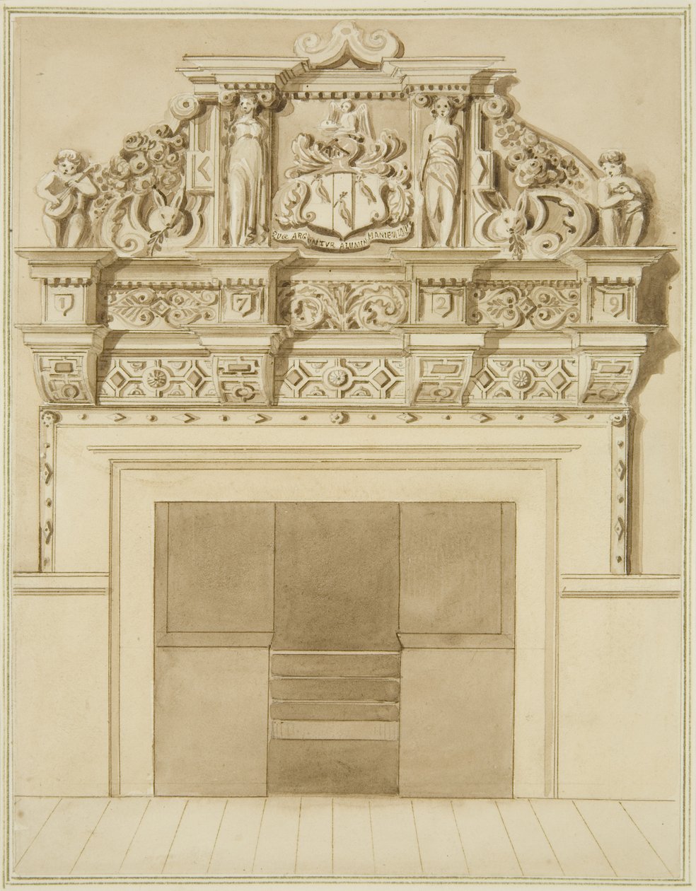 Skorstensstycke daterat 1729, på 139 Redcliffe Street (akvarell på papper) av Thomas Leeson the Elder Rowbotham