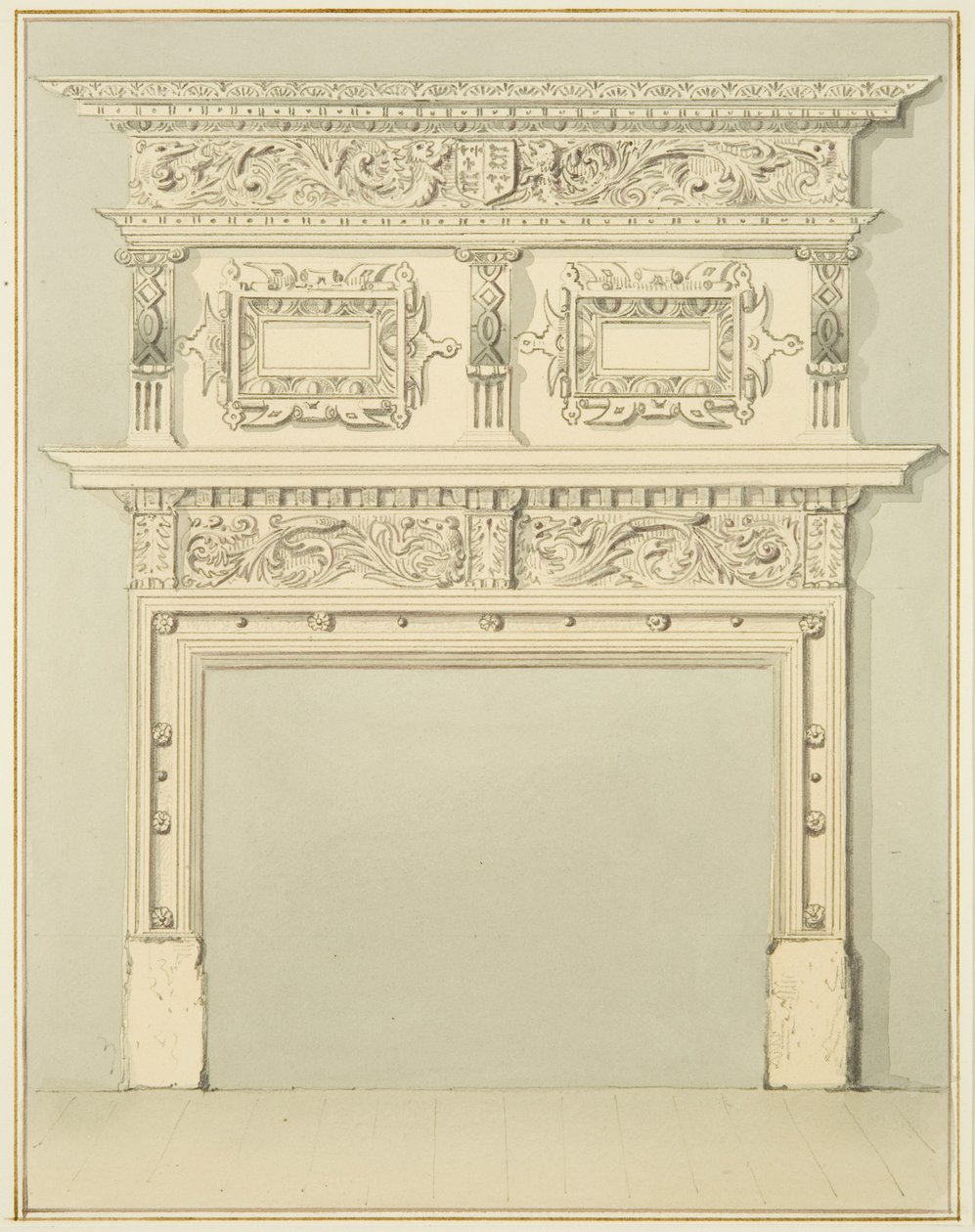 Skorstensstycke i nedre rummet, 9 Small Street (penna och akvarell på papper) av Thomas Leeson the Elder Rowbotham