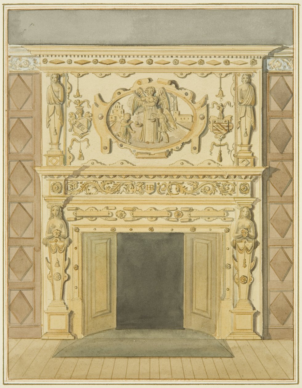 Skorsten i Juridikbiblioteket (akvarell på papper) av Thomas Leeson the Elder Rowbotham