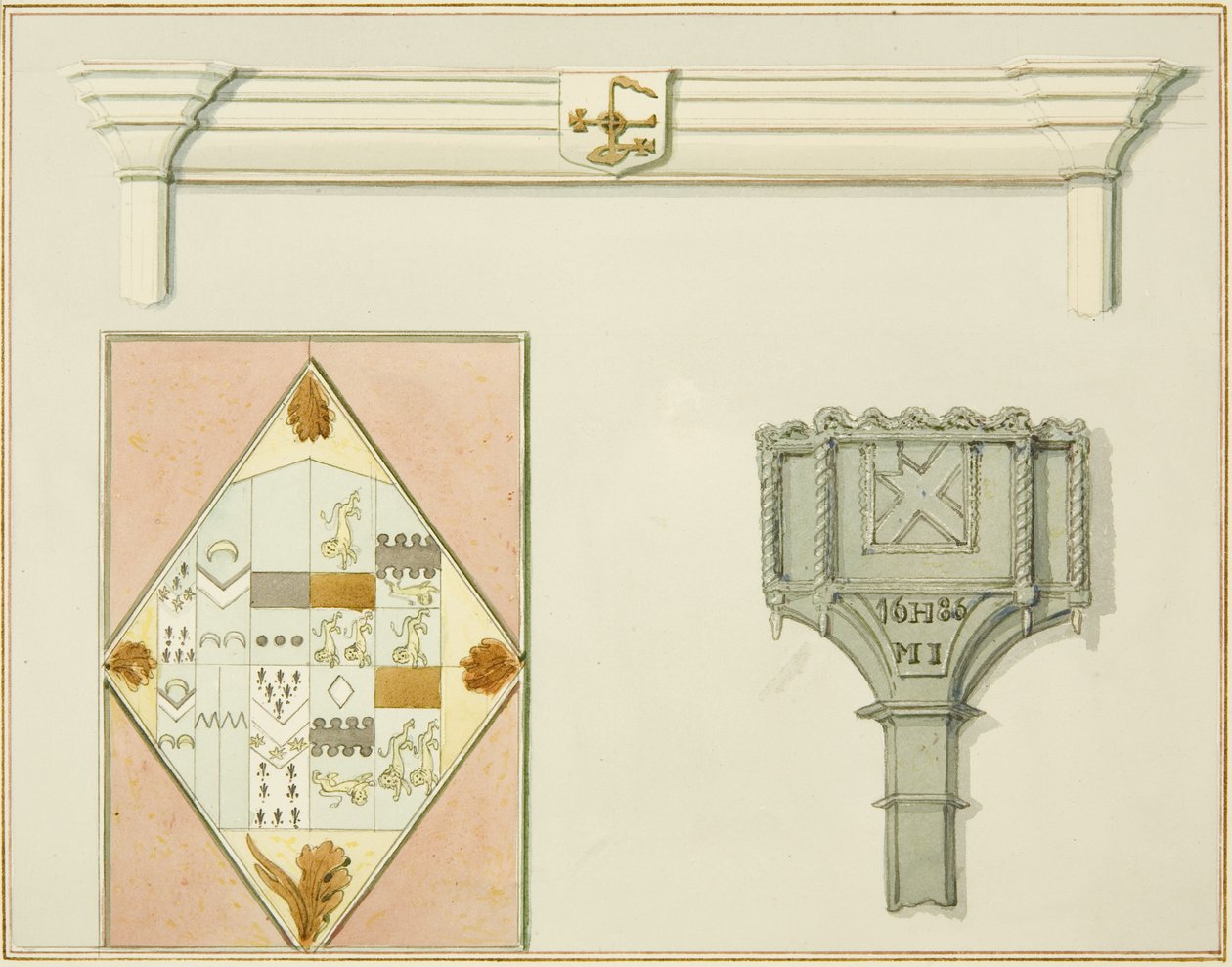Skorstensstycke, målat glas och snölåda på 35 High Street (akvarell på papper) av Thomas Leeson the Elder Rowbotham