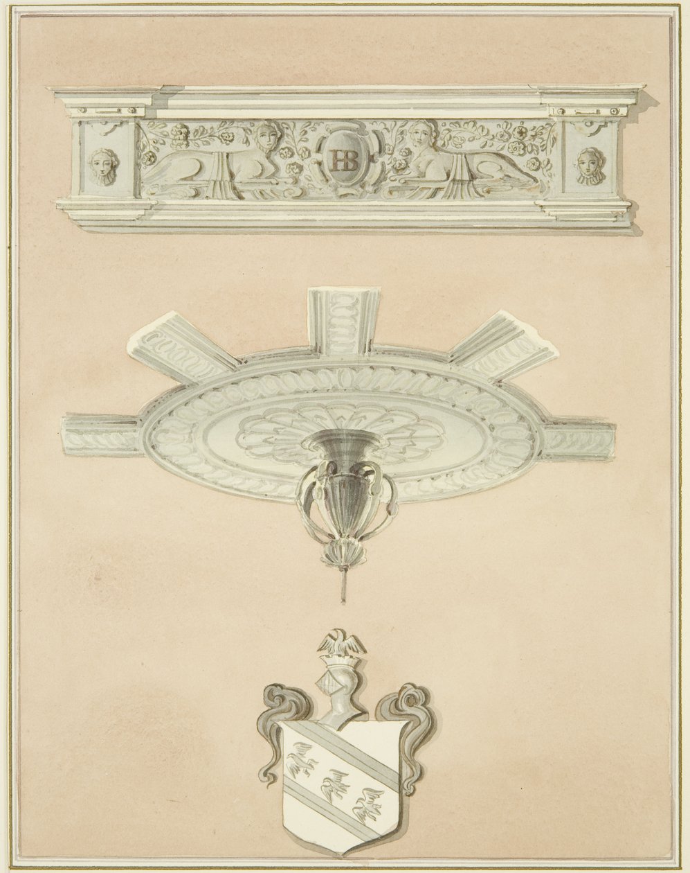 Detaljer om rummet i Law Library, inklusive centralt takhänge och taklist (penna och akvarell på papper) av Thomas Leeson the Elder Rowbotham
