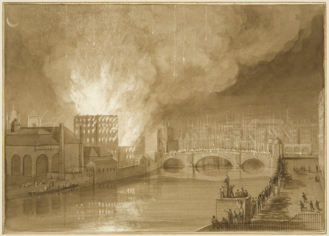 Brand vid Old Sugar House, Tucker Street av Thomas Leeson the Elder Rowbotham