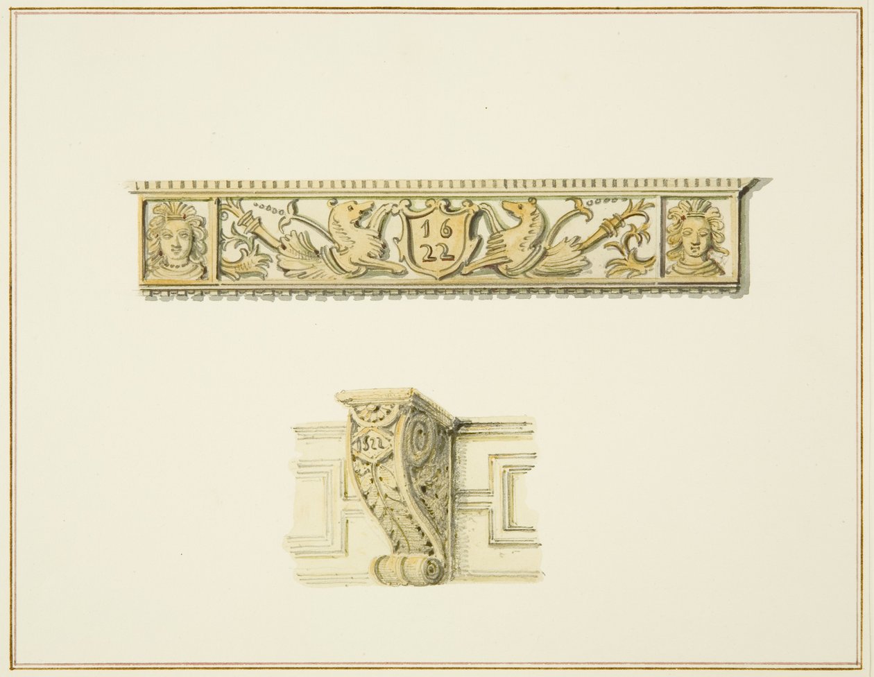 Fris på 15 Broad Street och fäste på huset bredvid Guildhall (akvarell på papper) av Thomas Leeson the Elder Rowbotham