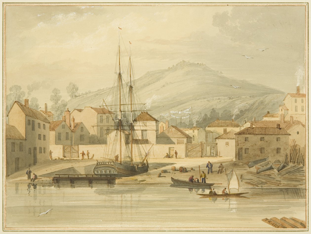 Limekiln Dock, Hotwell Road, med briggen "Eolus" och Brandon Hill bakom av Thomas Leeson the Elder Rowbotham