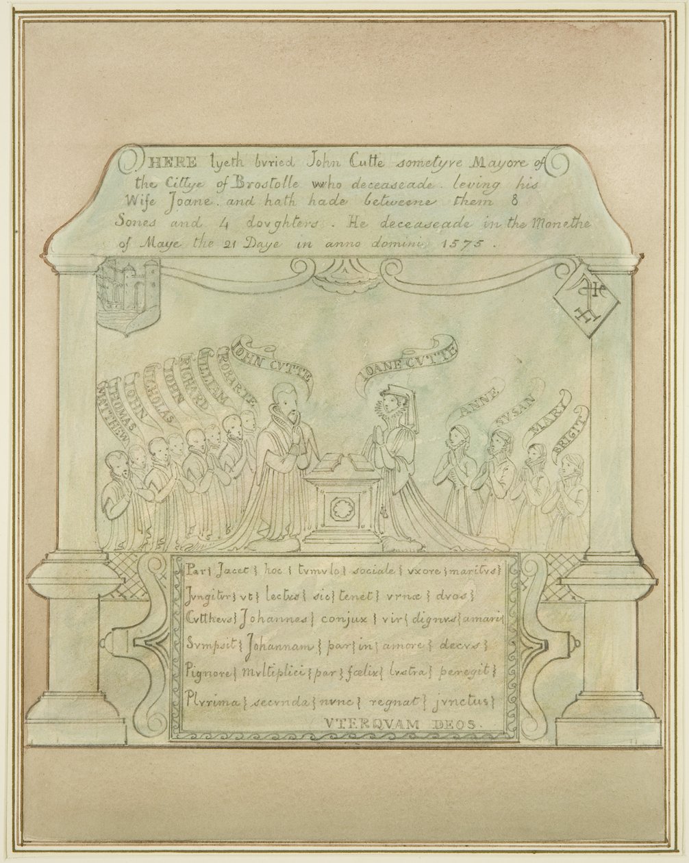 Väggtavla av John Cutte i Burnett Church av Thomas Leeson the Elder Rowbotham