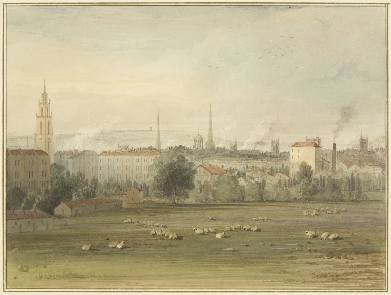 Nära Stokes Croft med utsikt över Bristols skyline (platsen för Sadler och Clayfields ballonguppstigning 1810) av Thomas Leeson the Elder Rowbotham