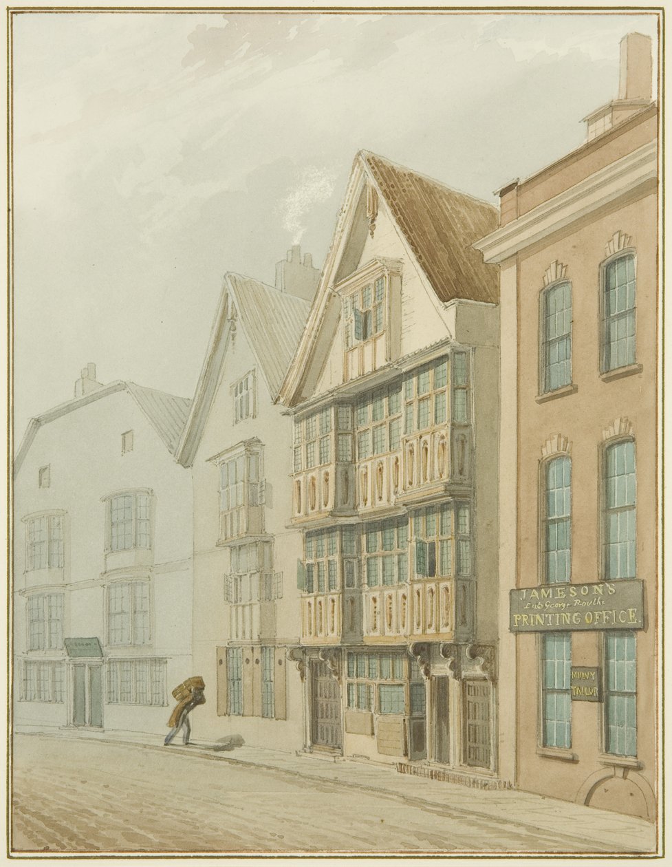 Gamla hus mittemot Köpmannahuset (akvarell på papper) av Thomas Leeson the Elder Rowbotham