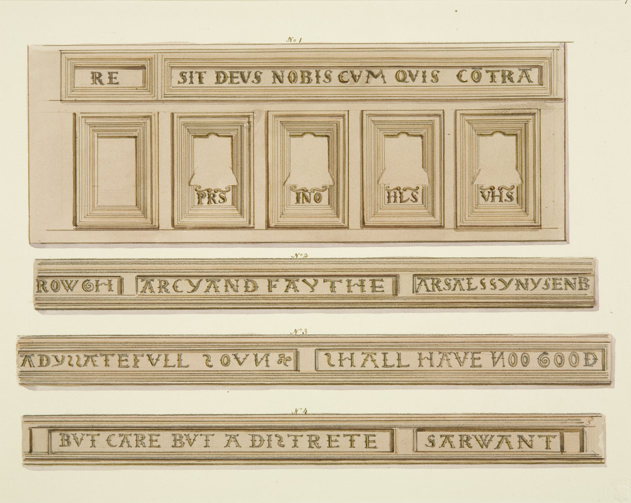 Paneler och inskriptioner från 46 Baldwin Street (akvarell på papper) av Thomas Leeson the Elder Rowbotham