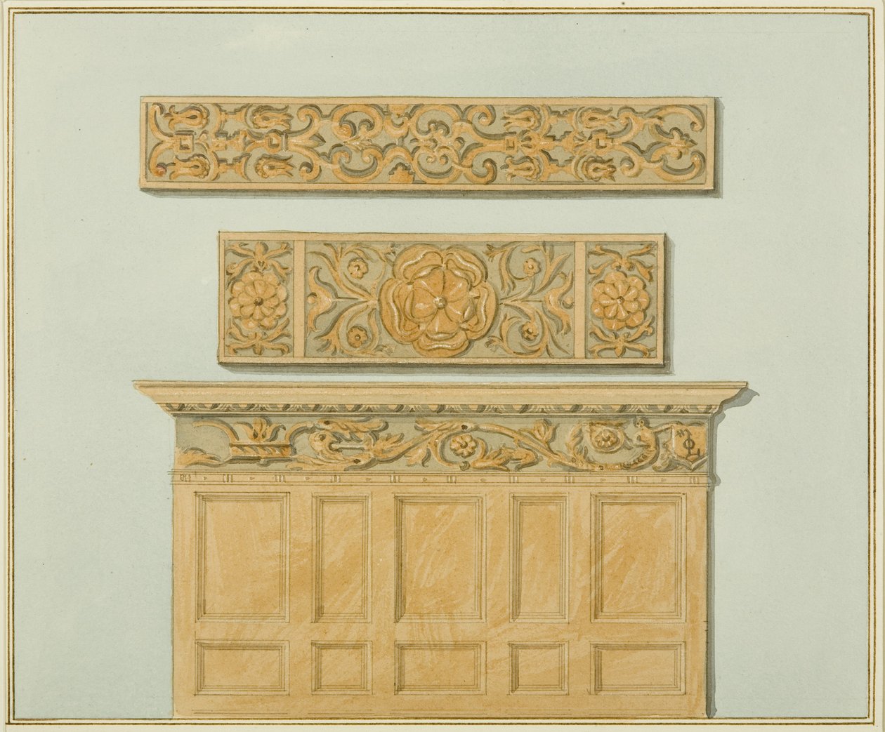 Delar av panelen och frisen, i Langton Mansion, på baksidan (akvarell på papper) av Thomas Leeson the Elder Rowbotham