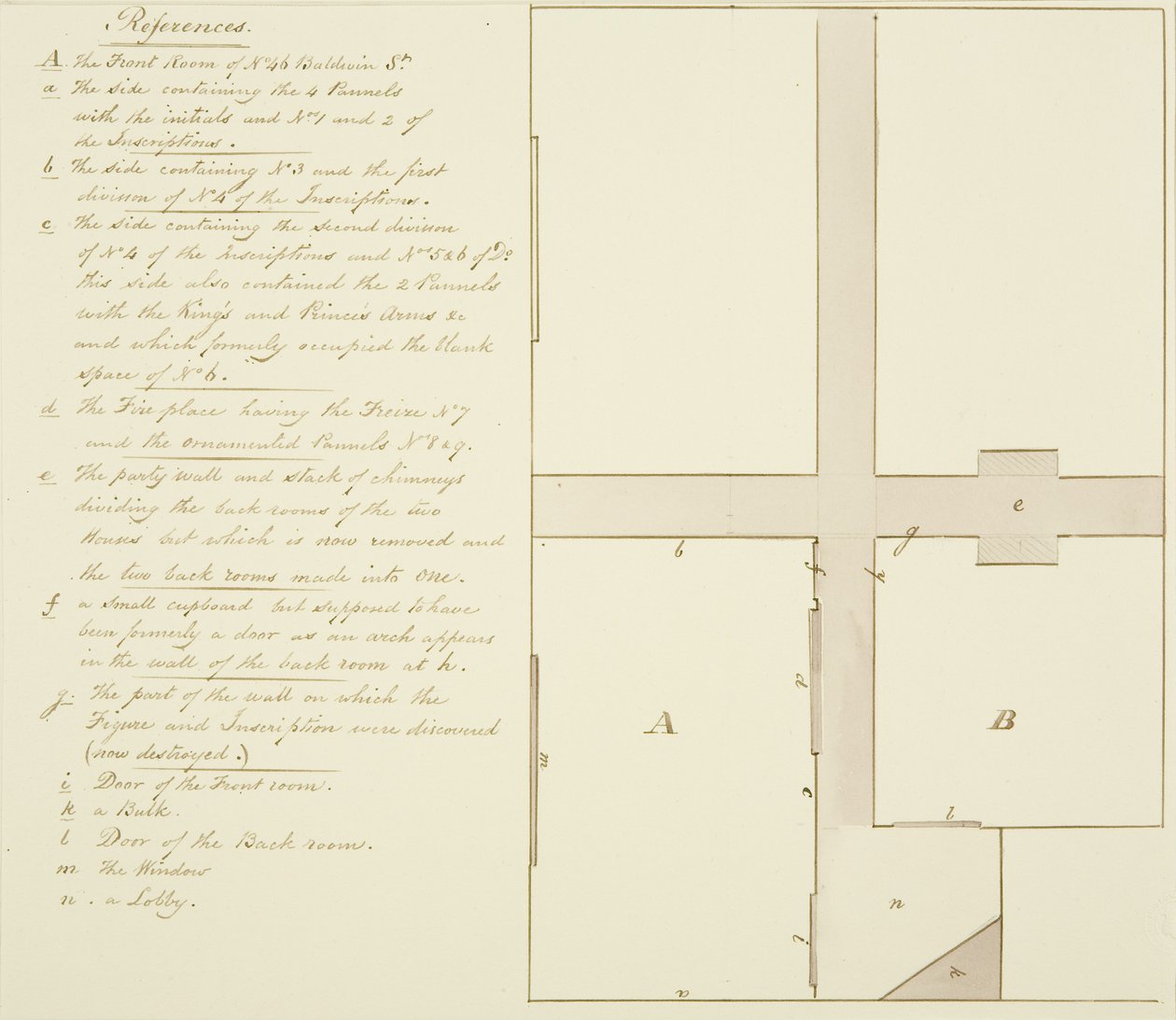 Plan av 46 Baldwin Street (penna och bläck på papper) av Thomas Leeson the Elder Rowbotham