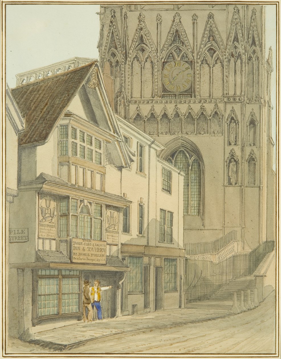 Redcliffe Tower och "Three Cups and Salmon" (akvarell på papper) av Thomas Leeson the Elder Rowbotham
