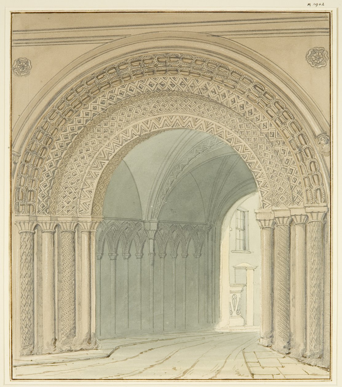 Södervy av College Gateway, Bristol Cathedral (penna och akvarell på papper) av Thomas Leeson the Elder Rowbotham