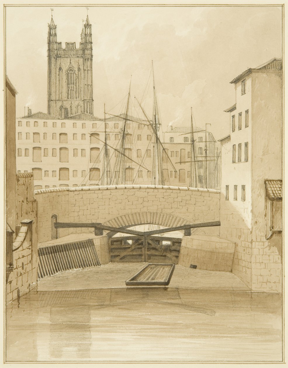 Stenbroen visade slussar (penna och akvarell på papper) av Thomas Leeson the Elder Rowbotham