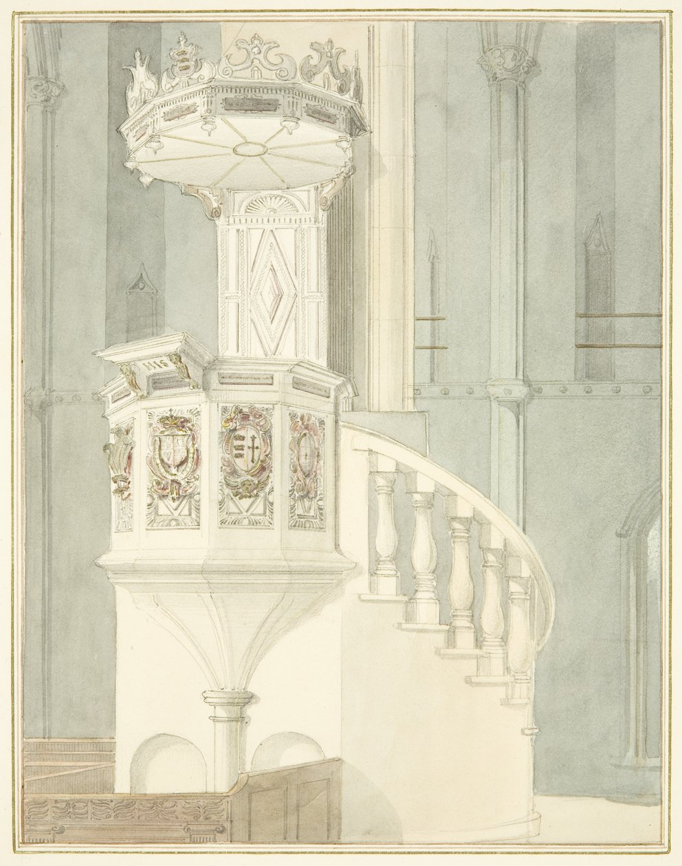 Stenpredikstolen i Bristol Cathedral (akvarell på papper) av Thomas Leeson the Elder Rowbotham