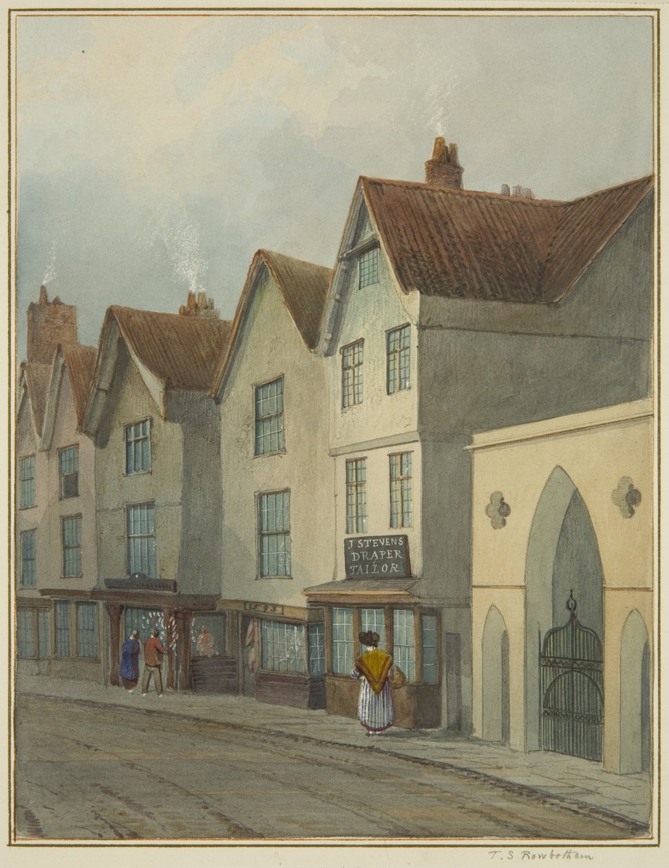 Temple Street som visar Gateway to Temple Church (akvarell på papper) av Thomas Leeson the Elder Rowbotham