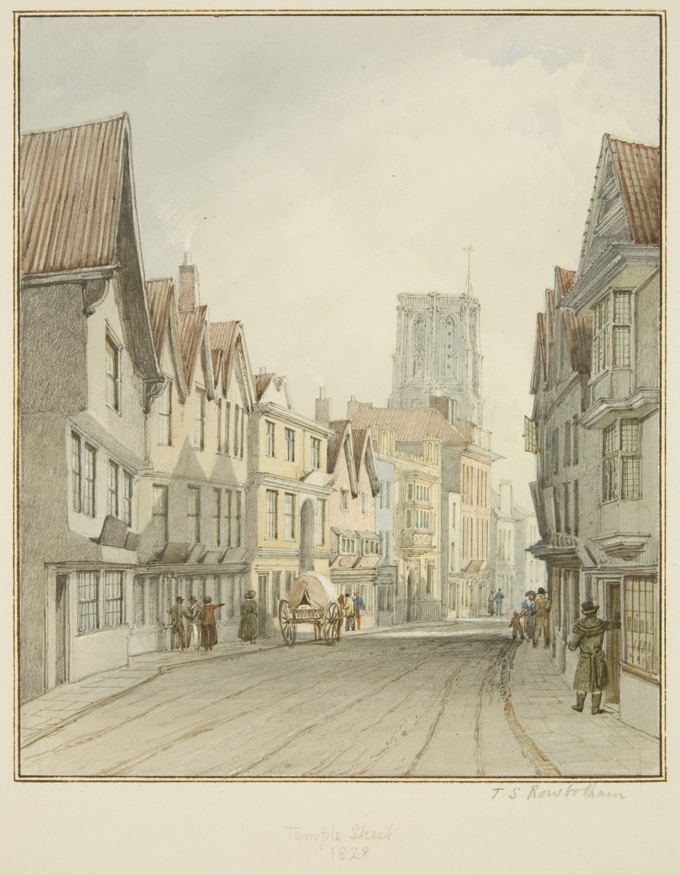 Temple Street, som visar tornet i Temple Church (akvarell på papper) av Thomas Leeson the Elder Rowbotham