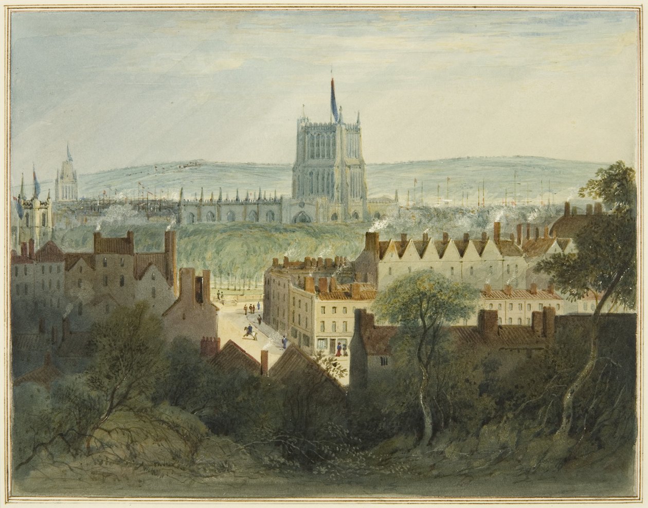 The Cathedral, College Green och College Street (akvarell på papper) av Thomas Leeson the Elder Rowbotham