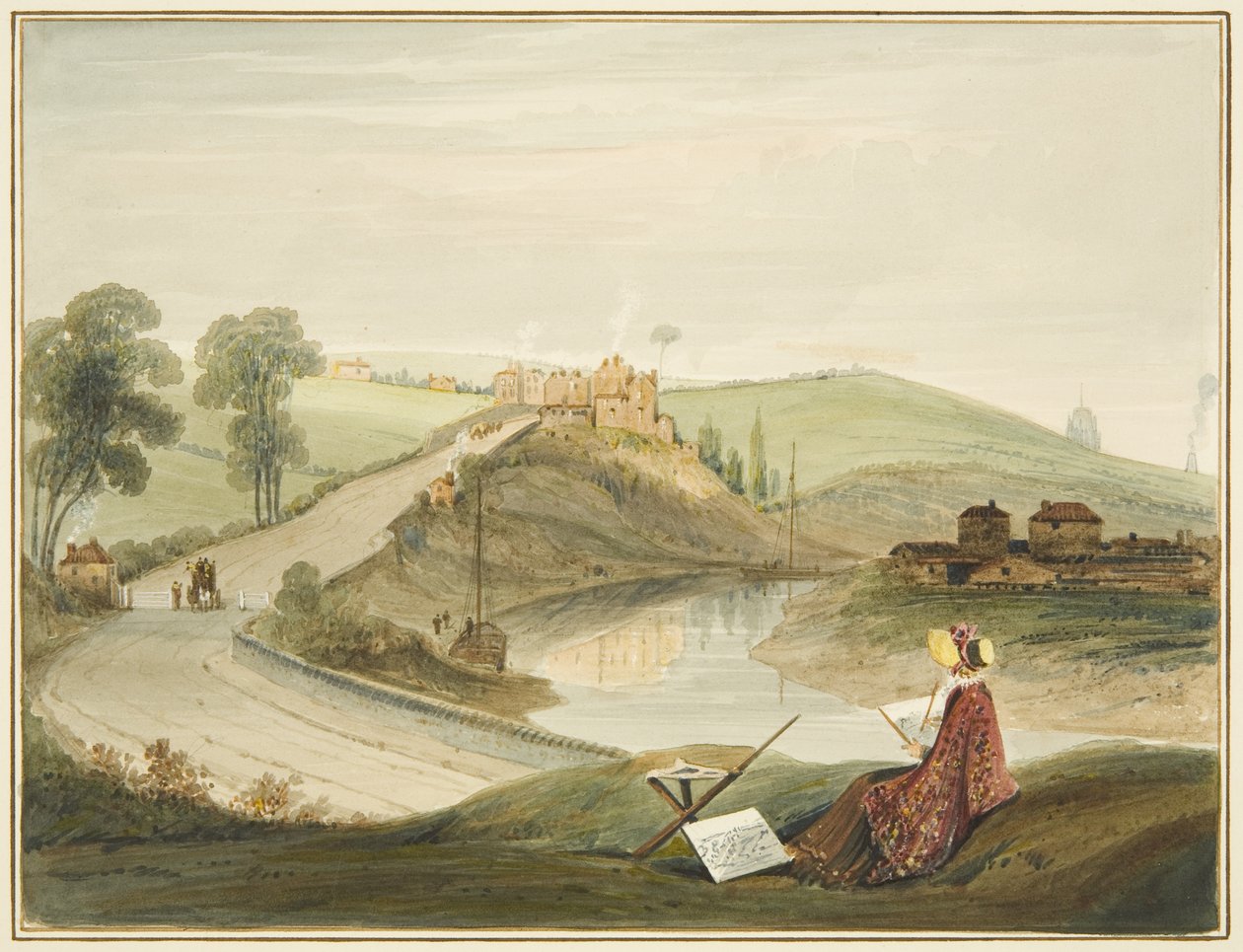 Totterdown och Pile Hill från Bath Road, som visar Brislington Turnpike (med en Miss Braikenridge? Skissande) av Thomas Leeson the Elder Rowbotham