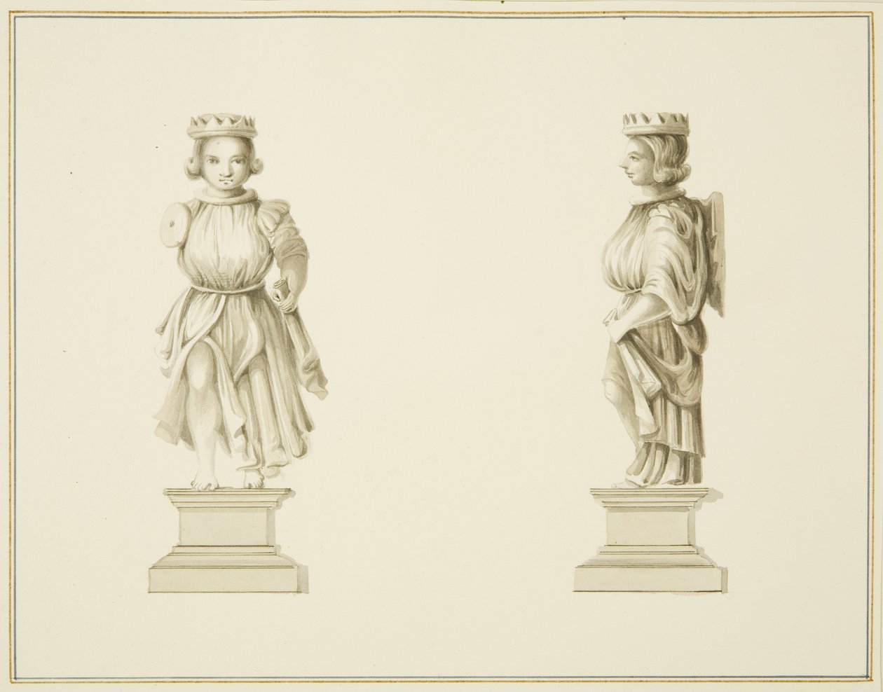Två vyer av en snidad träfigur i salongen i St John