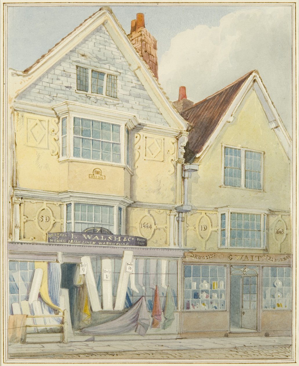 Två gamla hus på norra sidan av Castle Street (penna och akvarell på papper) av Thomas Leeson the Elder Rowbotham