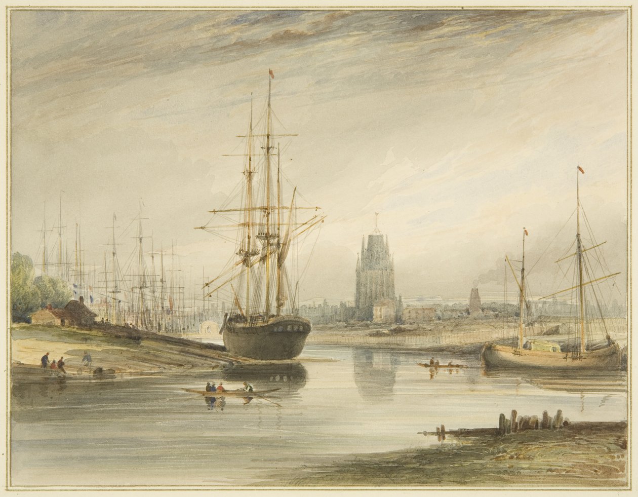 Vy tittar uppför floden, tagen underifrån Rope Walk and Wapping, c.1804 av Thomas Leeson the Elder Rowbotham