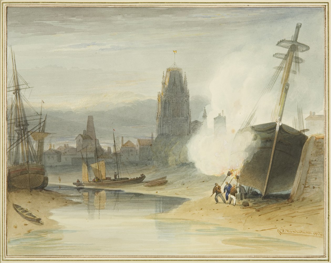 Utsikt över St Mary Redcliffe från Gibb-slippan innan den flytande hamnen bildades, som också visar braxningen av botten på ett skepp av Thomas Leeson the Elder Rowbotham