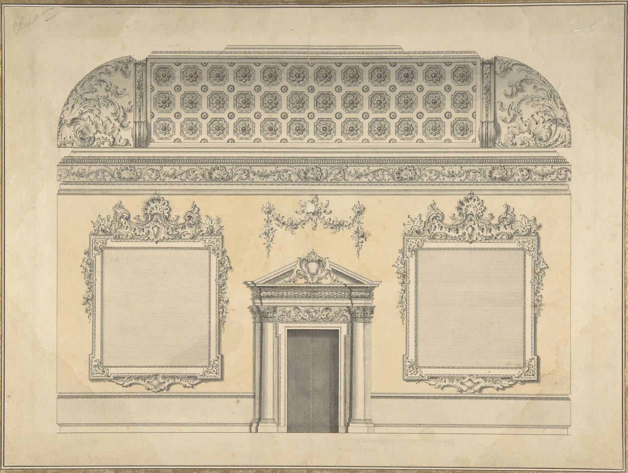 Design för sektion av ett rokokorum, med ett tak och dekorerade korintiska..., ca.1750. av Thomas Lightoler.