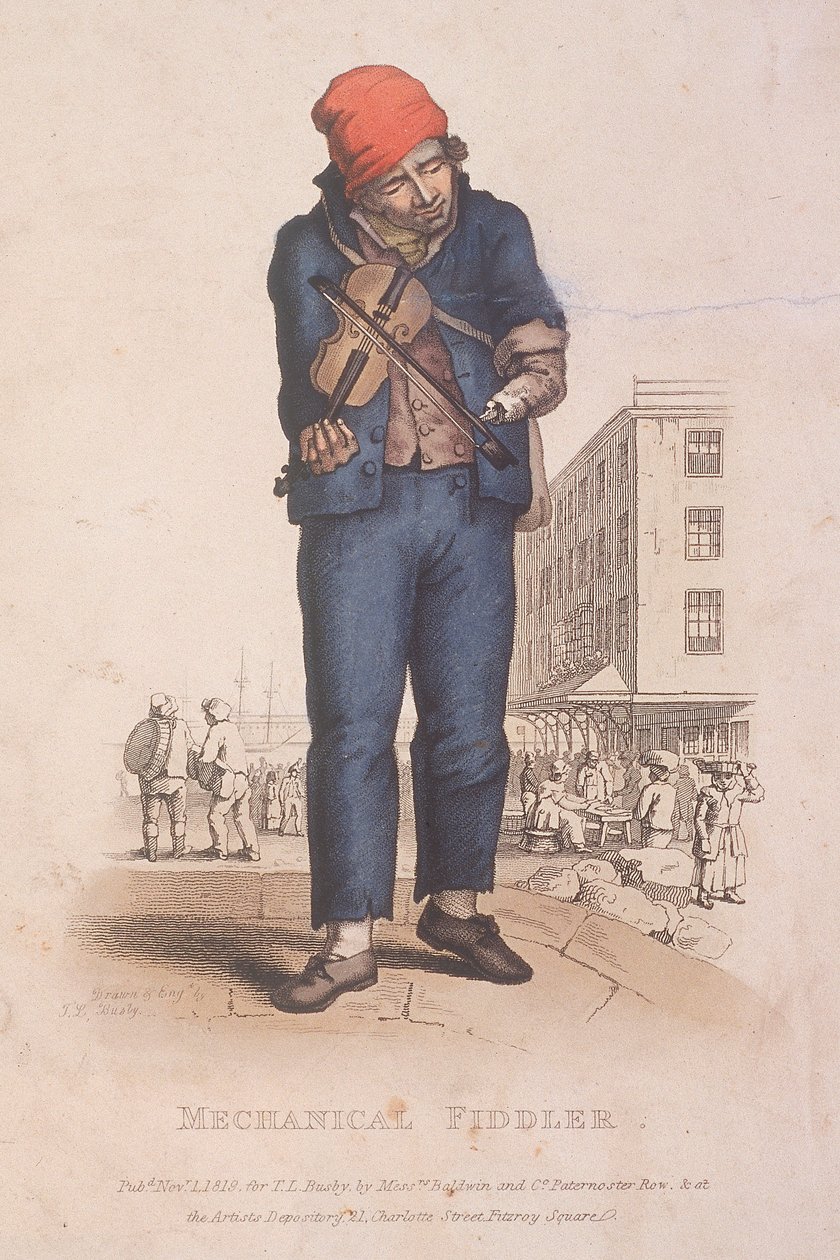 Spelman med en armprotes, med en marknad i bakgrunden, 1820 av Thomas Lord Busby