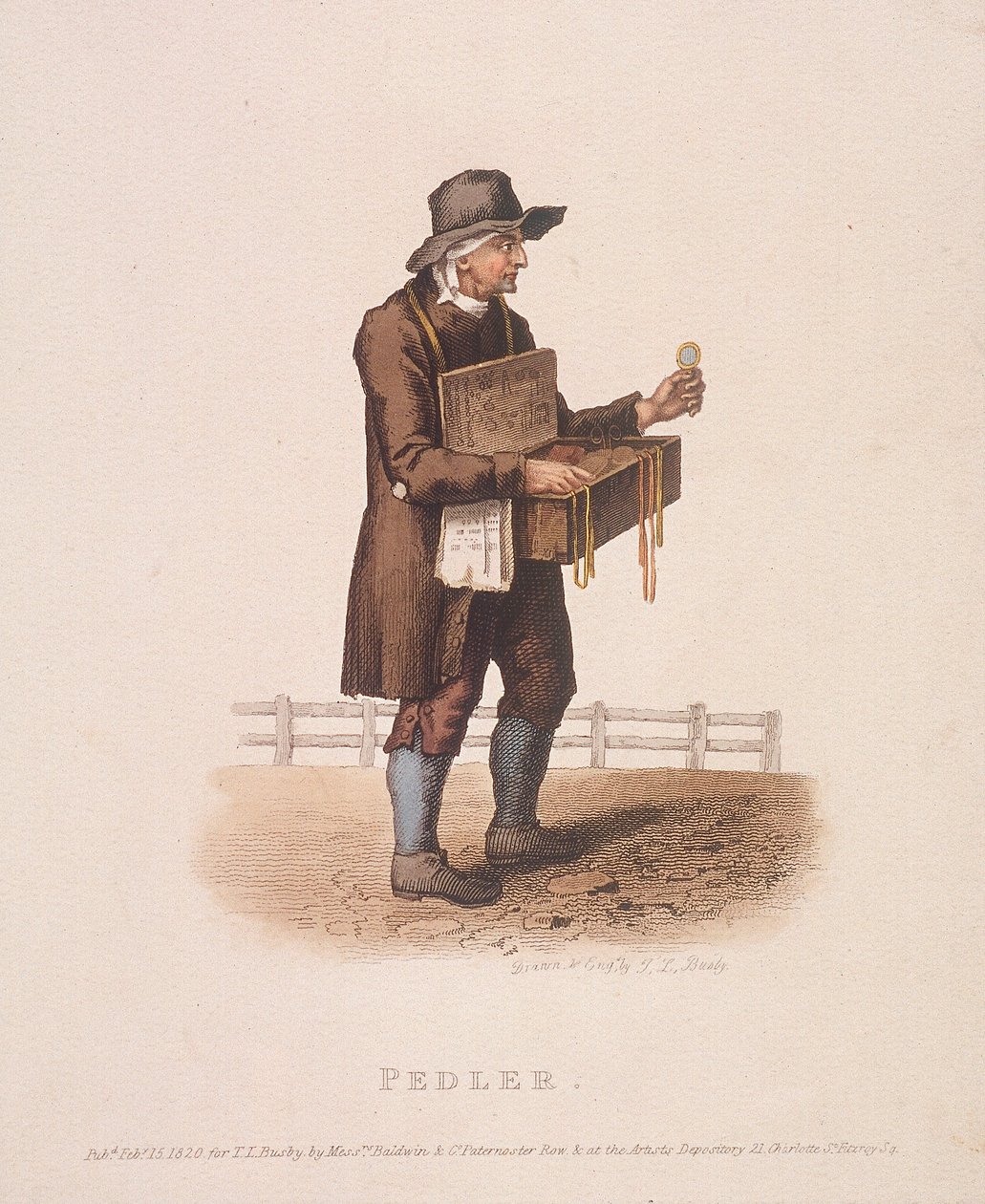 Pedlar med sin låda med varor hängde runt halsen, 1820 av Thomas Lord Busby
