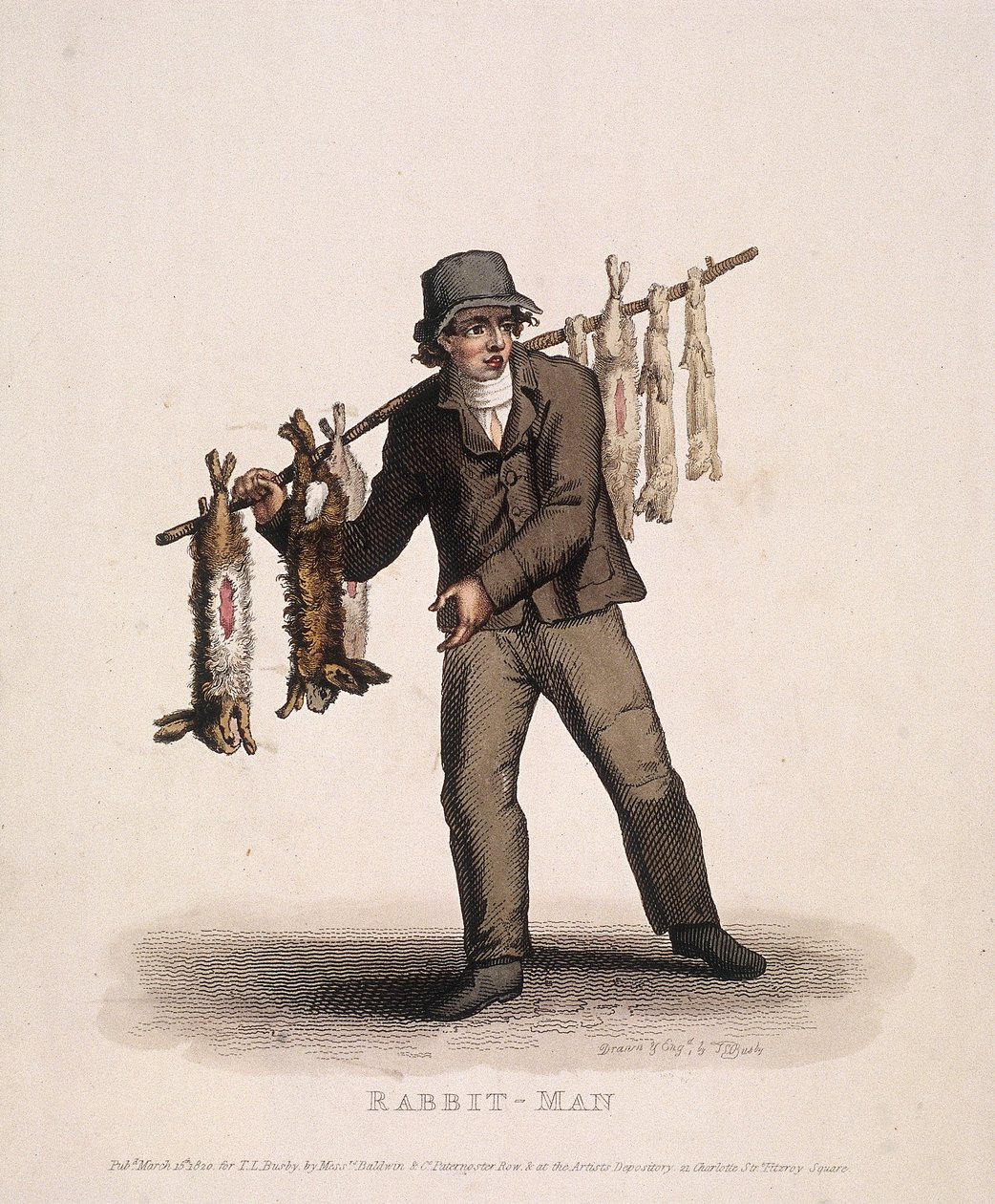 Kaninsäljare som bär en stolpe hängd med kaniner, 1820 av Thomas Lord Busby