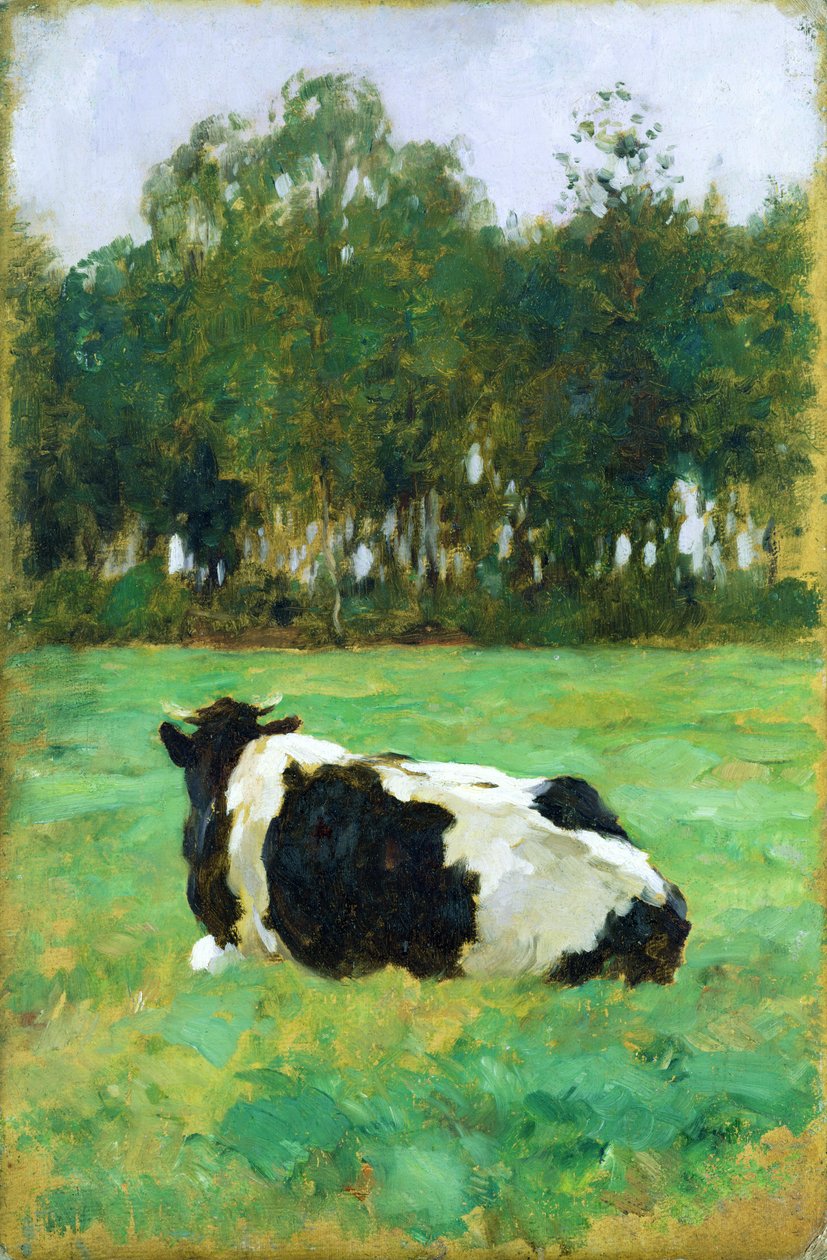 A Cow in the Meadow (olja på kartong) av Thomas Ludwig Herbst