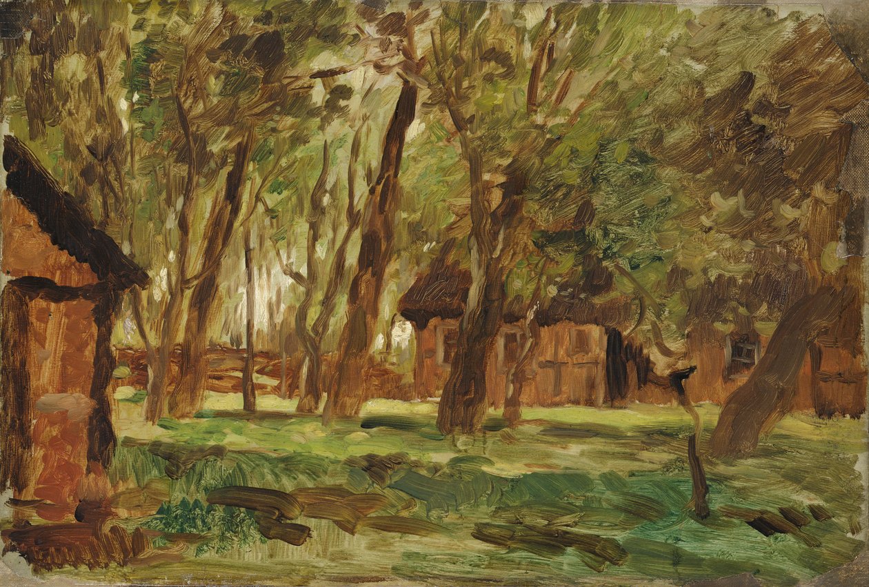 Gård under träd (olja på papper) av Thomas Ludwig Herbst