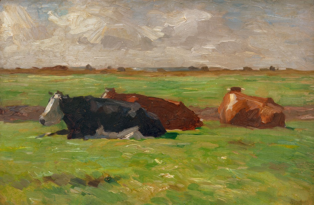 Nordtyskt sommarlandskap med liggande kor av Thomas Ludwig Herbst